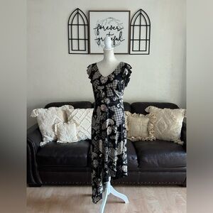 Vintage 90’s Studio Y Black Paisley Asymmetrical Hem Maxi Dress Size L Retro Fun